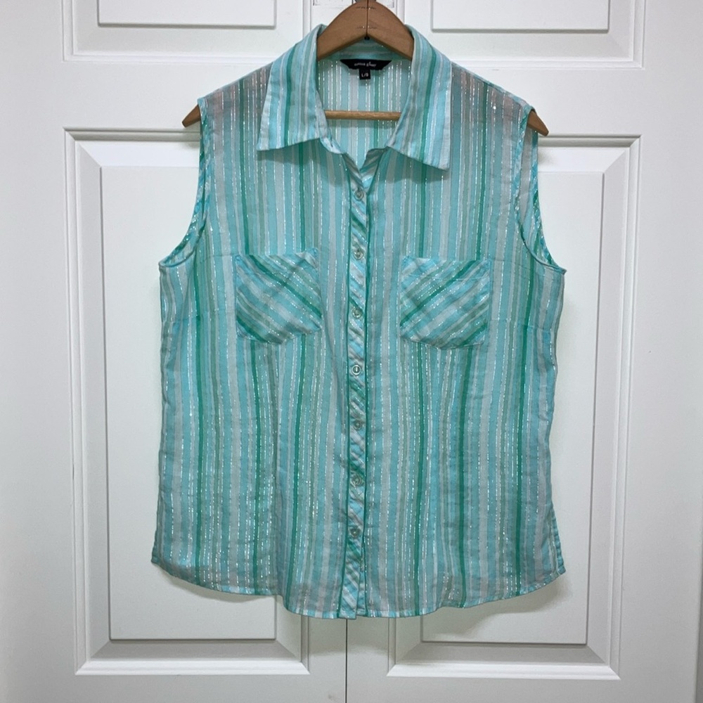 Cotton Ginny vintage lightweight cotton sleeveless shirt, aqua blue stripes, L